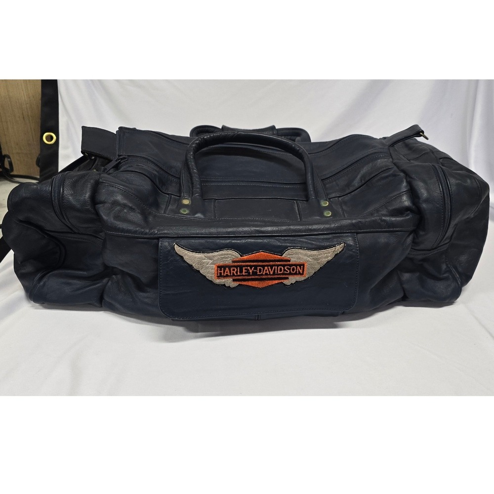 Harley Davidson Navy Blue Leather Duffle Bag Embroidered WingLogo Travel Luggage